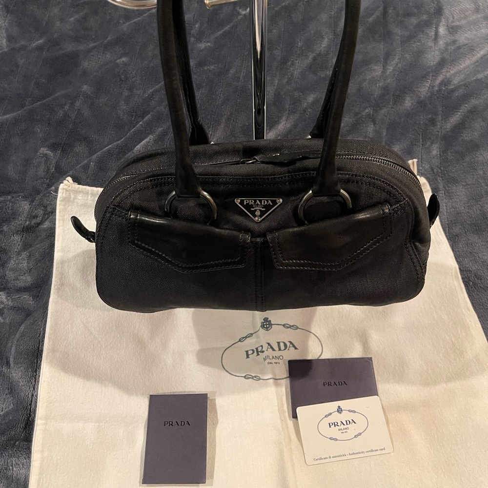 Prada black denim shoulder bag